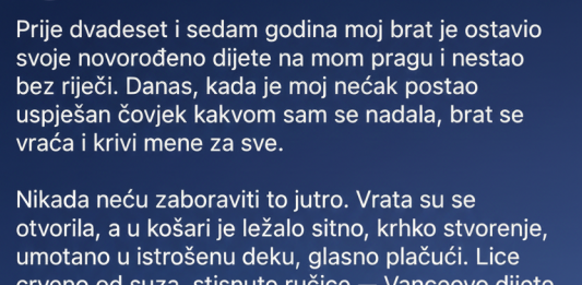 Prije dvadeset i sedam godina, moj brat je ostavio svoje novorođenče na mom pragu i nestao bez ijedne riječi… Danas, kada je moj nećak postao ostvareni čovjek kakvom sam se nadala, moj brat se vraća i mene krivi za sve.