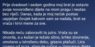 Prije dvadeset i sedam godina, moj brat je ostavio svoje novorođenče na mom pragu i nestao bez ijedne riječi… Danas, kada je moj nećak postao ostvareni čovjek kakvom sam se nadala, moj brat se vraća i mene krivi za sve.
